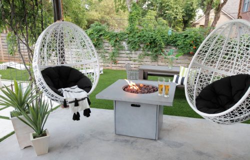 Fire pit with hanging egg chair