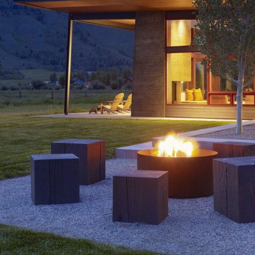 Fire pit with wood beam seating