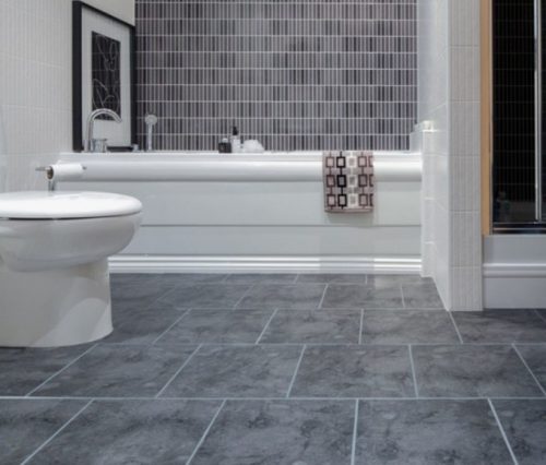 Bathroom with gray floor tile