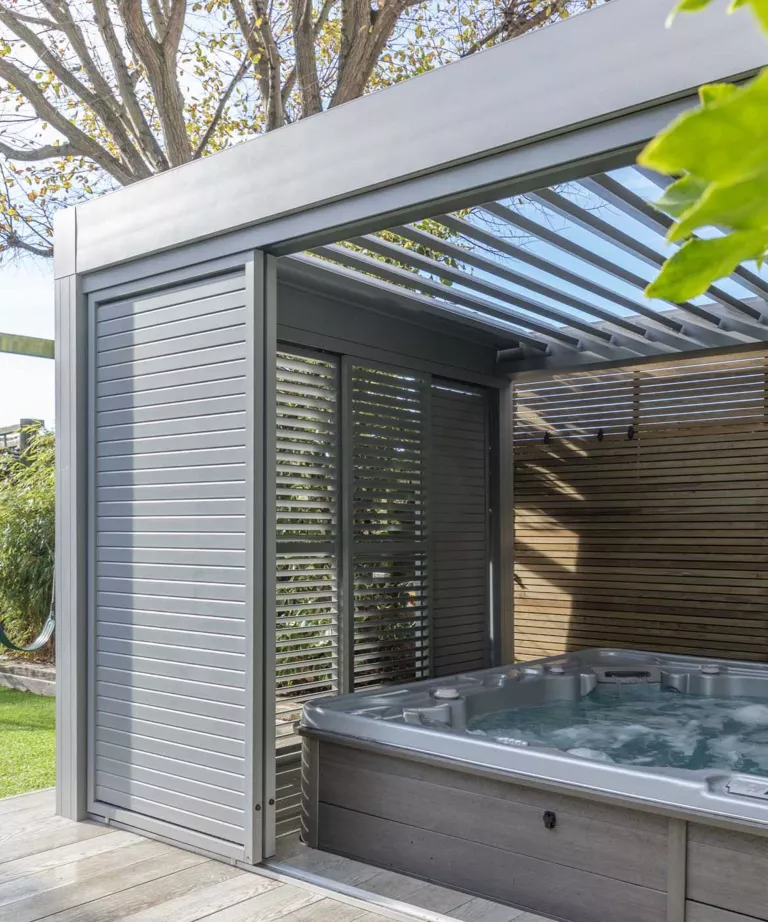 Hot tub enclosure with Louvered Roof