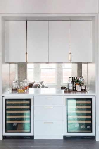 Bar cabinet with mirror backsplash