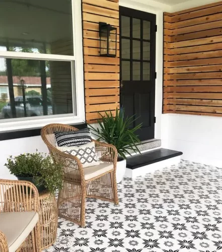 Modern front porch with start pattern tiles